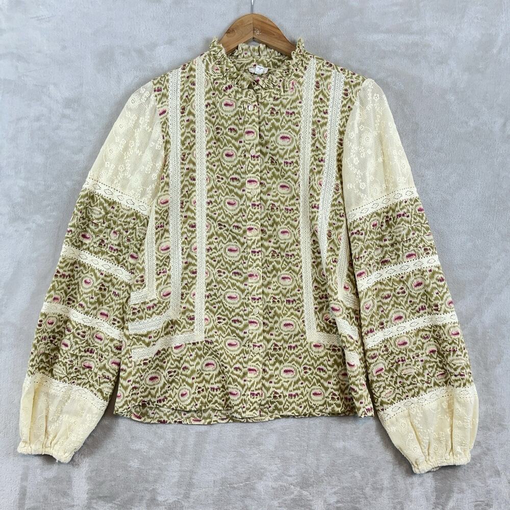 Eze Sur Mer Anthropologie Yvonne Lace Ikate Blouse Size L Ruffle Neck Boho Folk